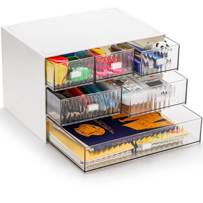 Hacaroa 3 Tier Mini Desk Organizer with 6 Drawers  Plastic Desktop Drawers Storage Box  Stackable Makeup Organizer Craft Storage Case for Office  School  Bathroom  Detachable Design  White - Image 1